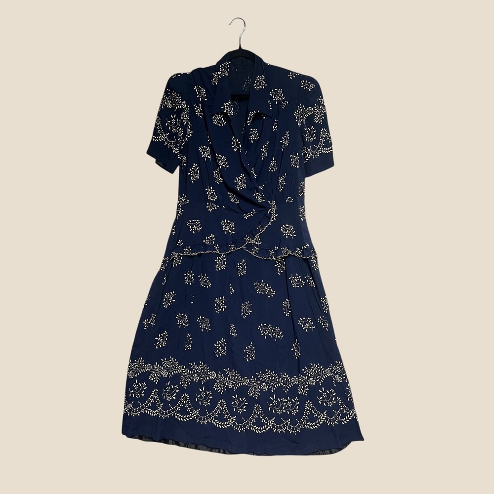 Vintage 1940s Navy Blue Floral Peplum Dress Rayon Wrap Front Mid Century 40s